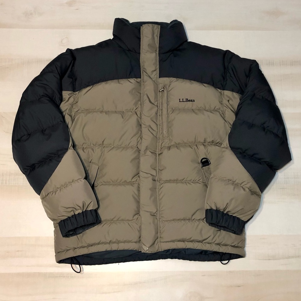 LL Bean Goose Down Puffer Jacket Mens  Winter Hiking Coat Black Tan Color Block